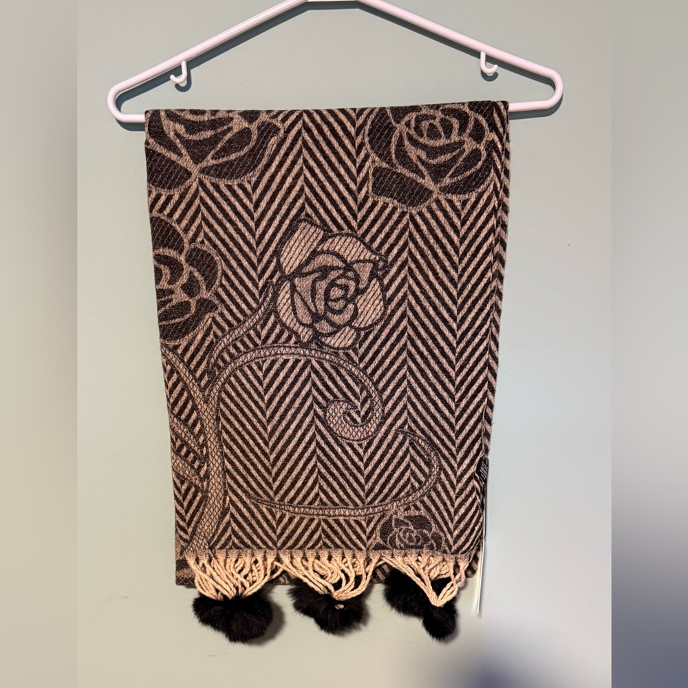 Chic Black and Cream Floral Scarf with Tassels